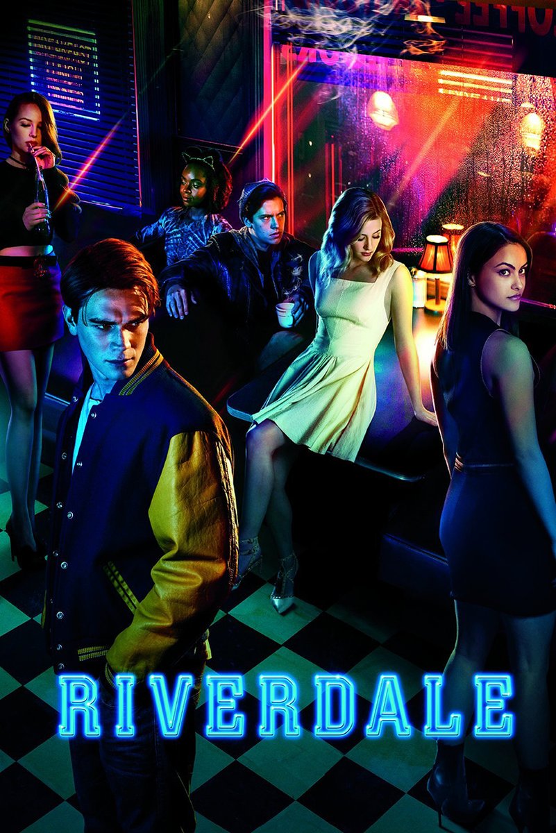 Riverdale wall art print with six characters in a neon-lit diner, checkerboard floor, glowing blue title, and red-purple windows.