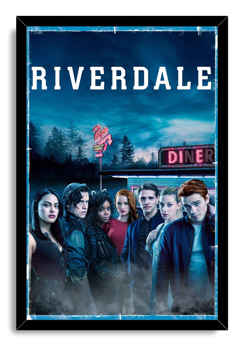 Riverdale framed wall art print featuring the cast, glowing diner neon, dark forest silhouettes, fog, and a distressed blue border.
