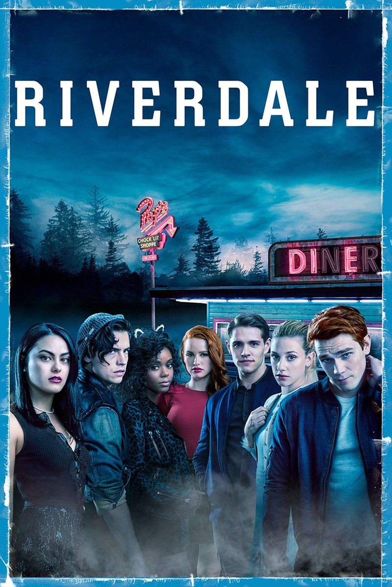 Riverdale poster featuring six main cast members before Pop's diner, with neon signs, misty pines, and a blue night sky.