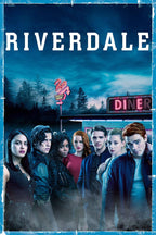 Riverdale poster featuring six main cast members before Pop's diner, with neon signs, misty pines, and a blue night sky.