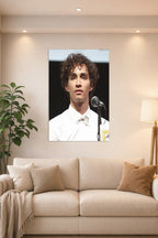 Robert Sheehan in a bright living room above a beige sofa.