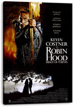 Robin Hood: Prince of Thieves wall art print on stretched canvas features an archer, blazing arrow, title text, and silhouetted couple.
