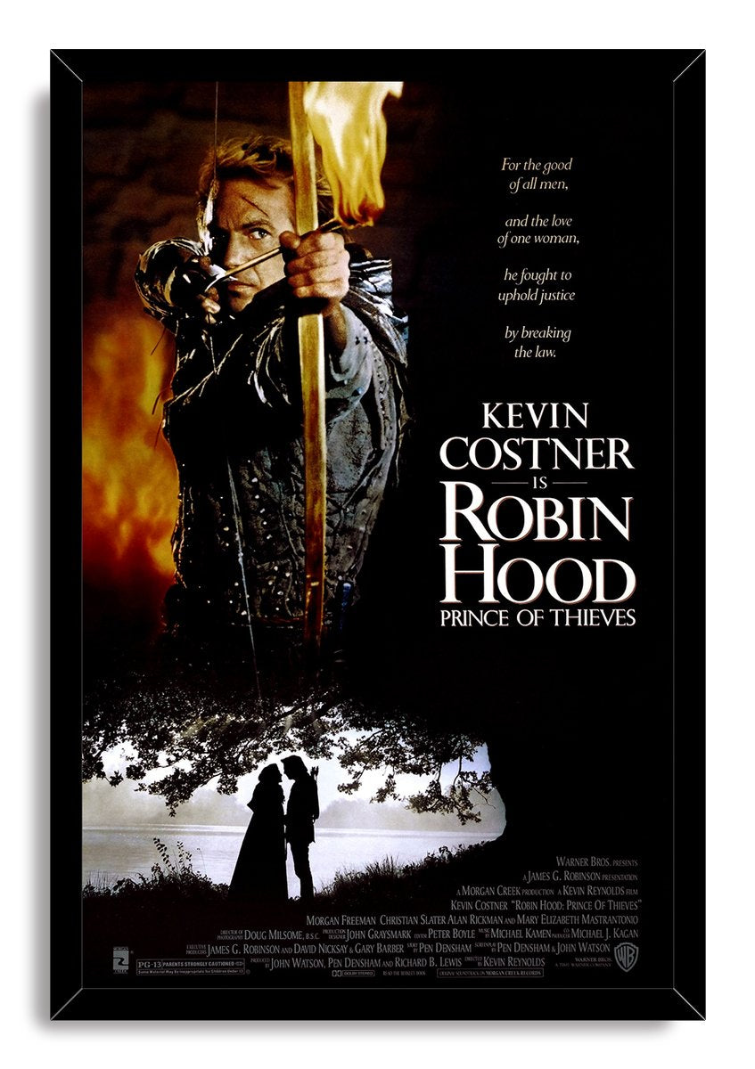 Robin Hood: Prince of Thieves framed wall art print depicts Kevin Costner aiming a flaming arrow over a couple by a lakeside tree.