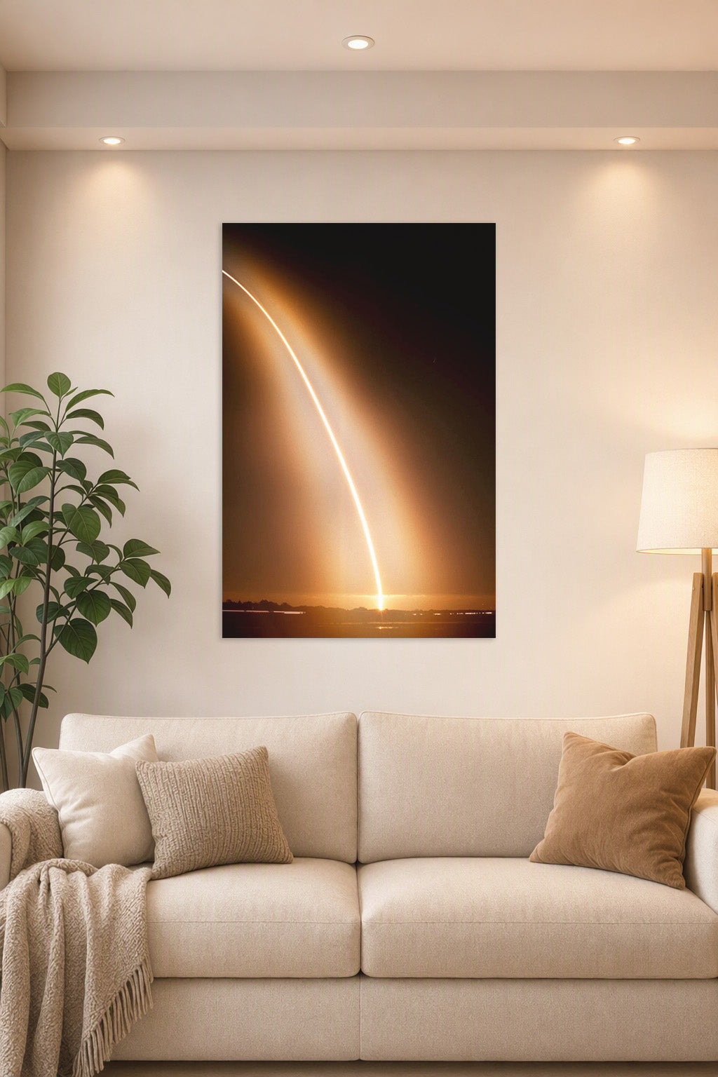 Rocket Launch Light Trail in a bright living room above a beige sofa.