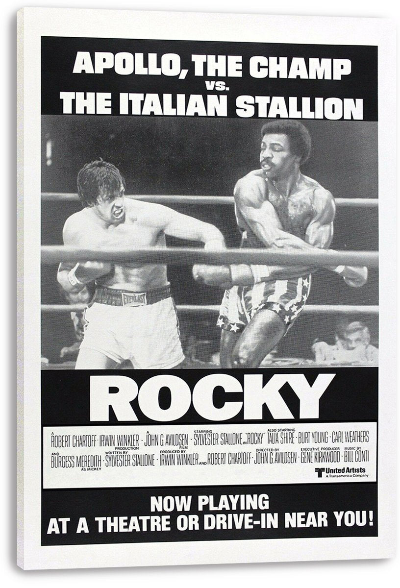 Rocky canvas wall art print displays a black-and-white scene of Rocky Balboa boxing Apollo Creed beneath bold title lettering.