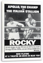 Rocky canvas wall art print displays a black-and-white scene of Rocky Balboa boxing Apollo Creed beneath bold title lettering.
