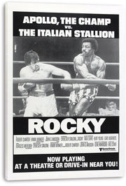 Rocky canvas wall art print displays a black-and-white scene of Rocky Balboa boxing Apollo Creed beneath bold title lettering.