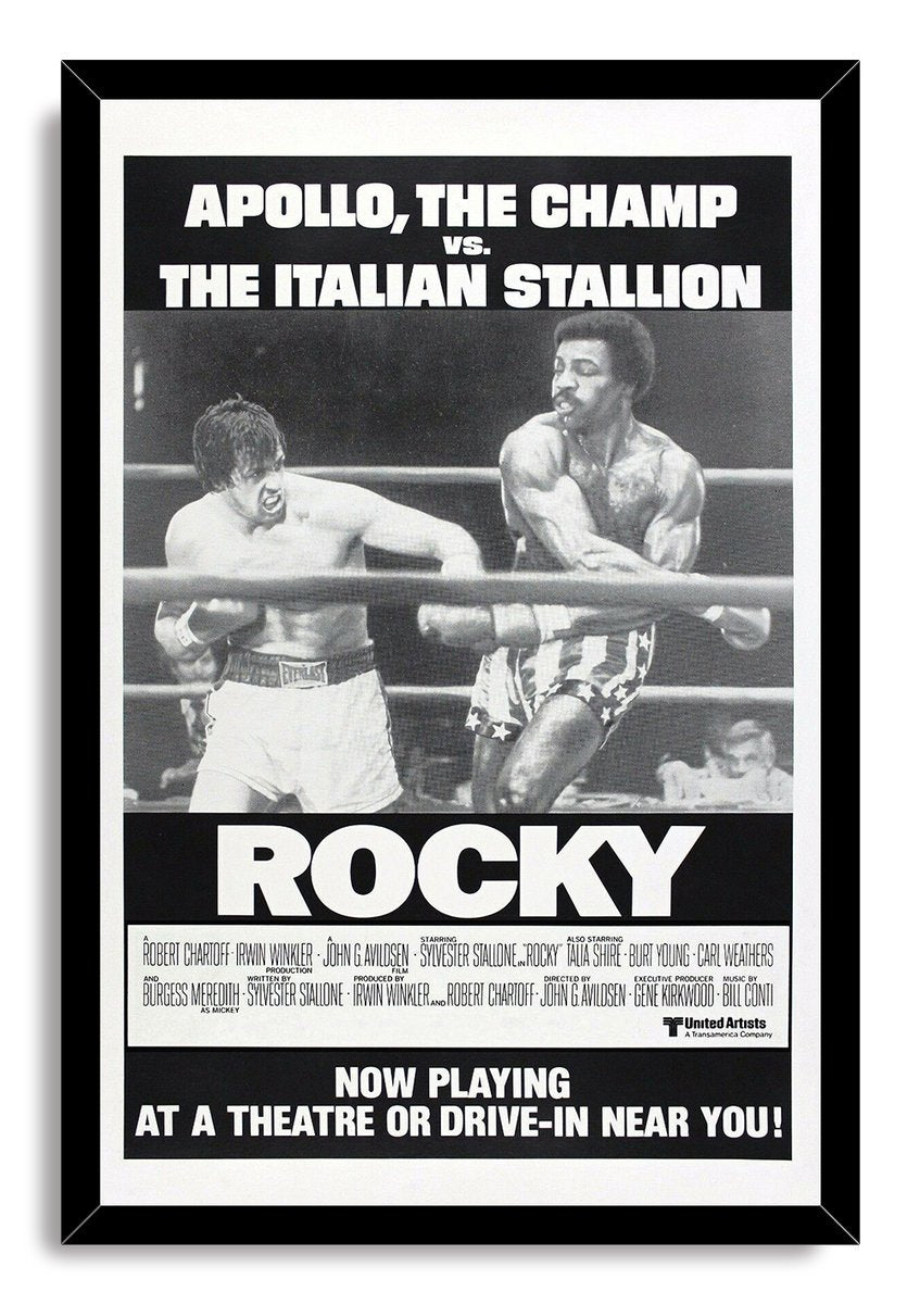 Rocky framed wall art print presents Rocky Balboa and Apollo Creed fighting in a black-and-white ring scene with large typography.