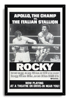 Rocky framed wall art print presents Rocky Balboa and Apollo Creed fighting in a black-and-white ring scene with large typography.