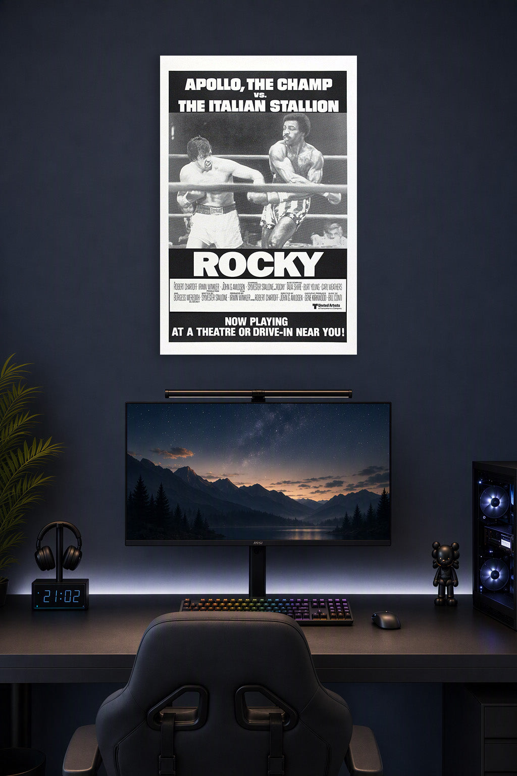 Rocky Balboa Apollo Creed Boxing Match in a gaming desk setup above a monitor.