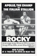 Rocky poster features a black-and-white boxing-ring clash between Rocky Balboa and Apollo Creed, with bold promotional text.
