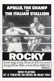 Rocky poster features a black-and-white boxing-ring clash between Rocky Balboa and Apollo Creed, with bold promotional text.