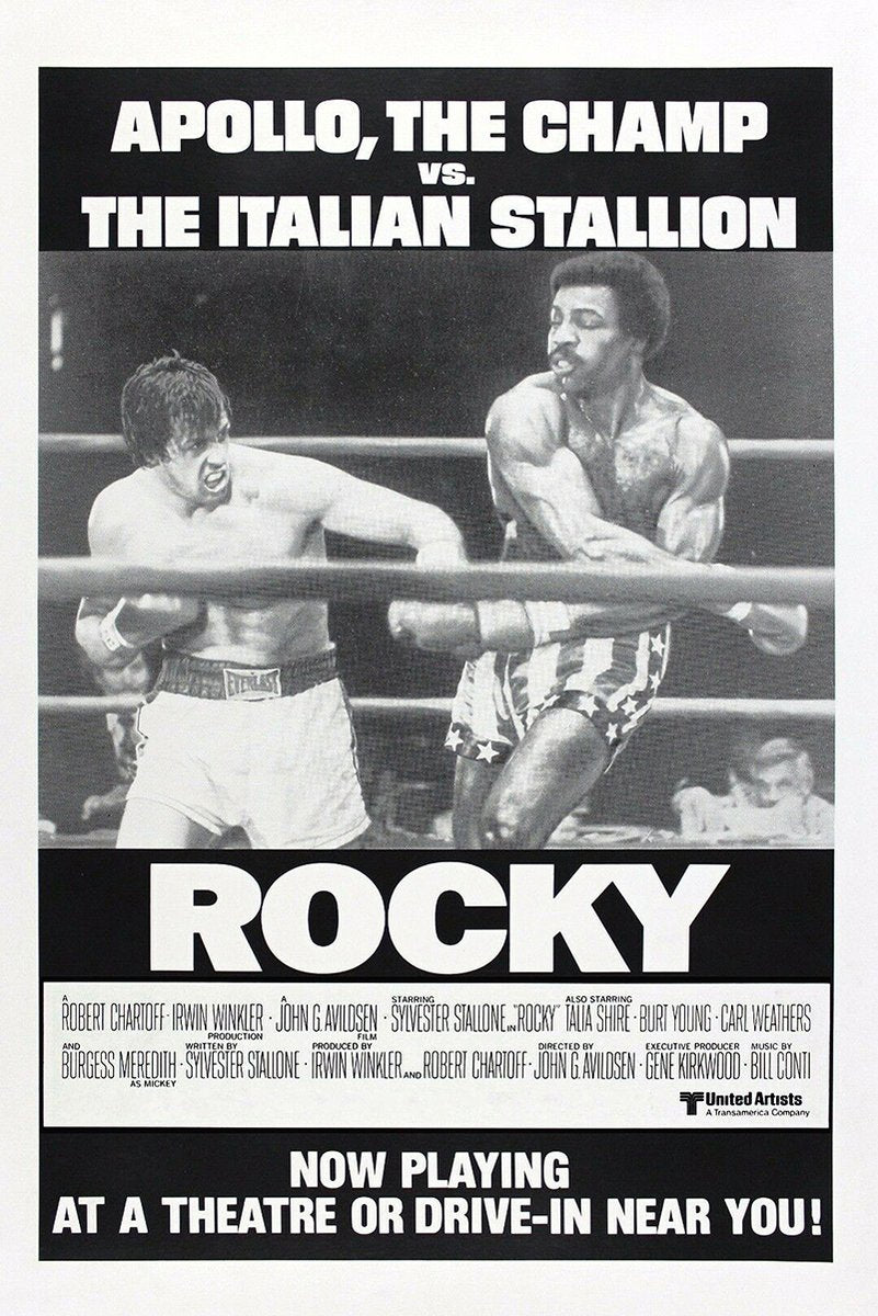 Rocky poster features a black-and-white boxing-ring clash between Rocky Balboa and Apollo Creed, with bold promotional text.