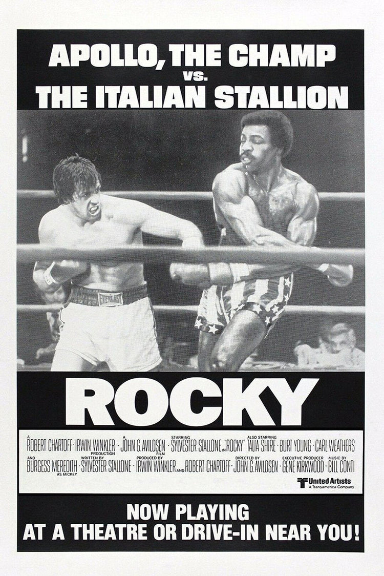 Rocky poster features a black-and-white boxing-ring clash between Rocky Balboa and Apollo Creed, with bold promotional text.