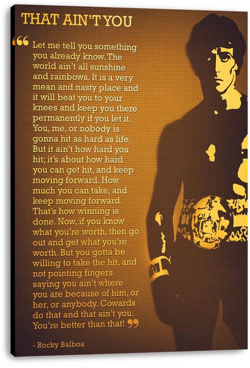 Rocky Balboa canvas wall art print featuring a gold and dark brown boxer silhouette beside an extended motivational quote.