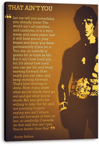 Rocky Balboa canvas wall art print featuring a gold and dark brown boxer silhouette beside an extended motivational quote.