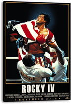 Rocky IV wall art print on a stretched canvas shows Rocky Balboa raised in the ring, draped in the American flag.