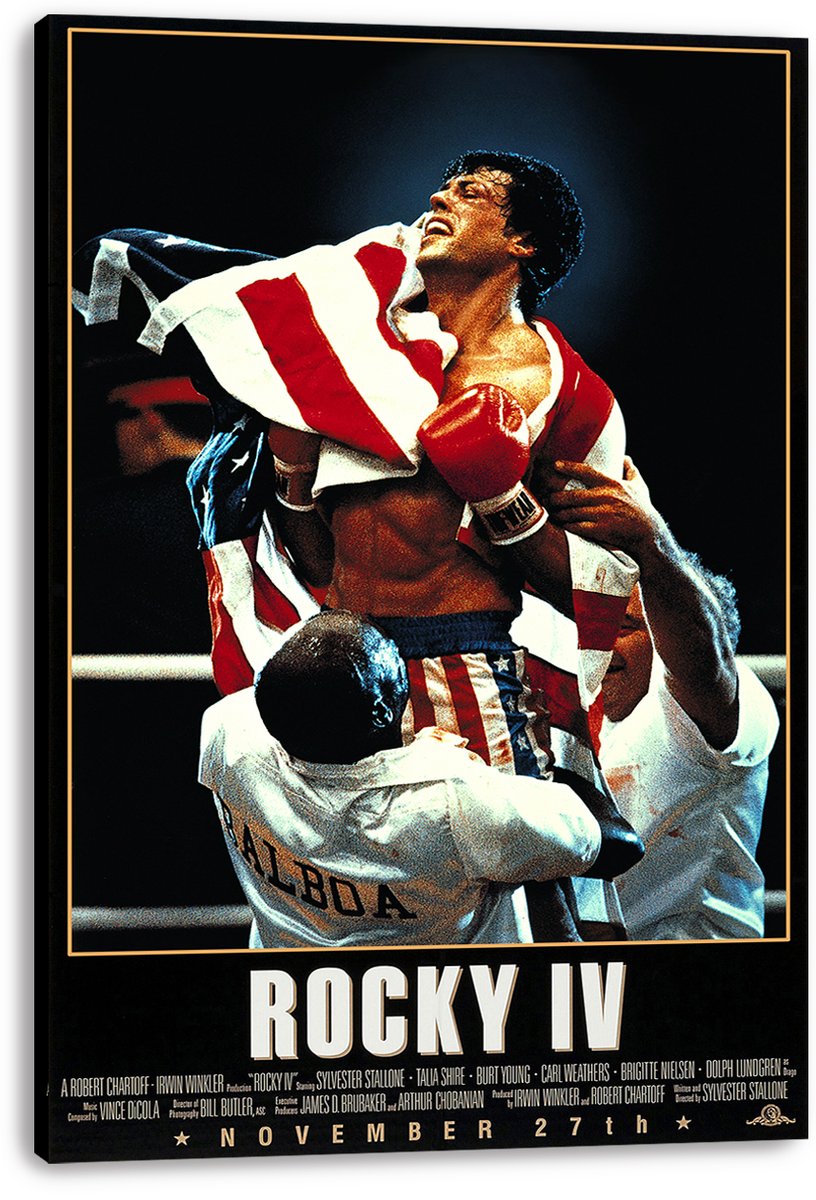 Rocky IV wall art print on a stretched canvas shows Rocky Balboa raised in the ring, draped in the American flag.