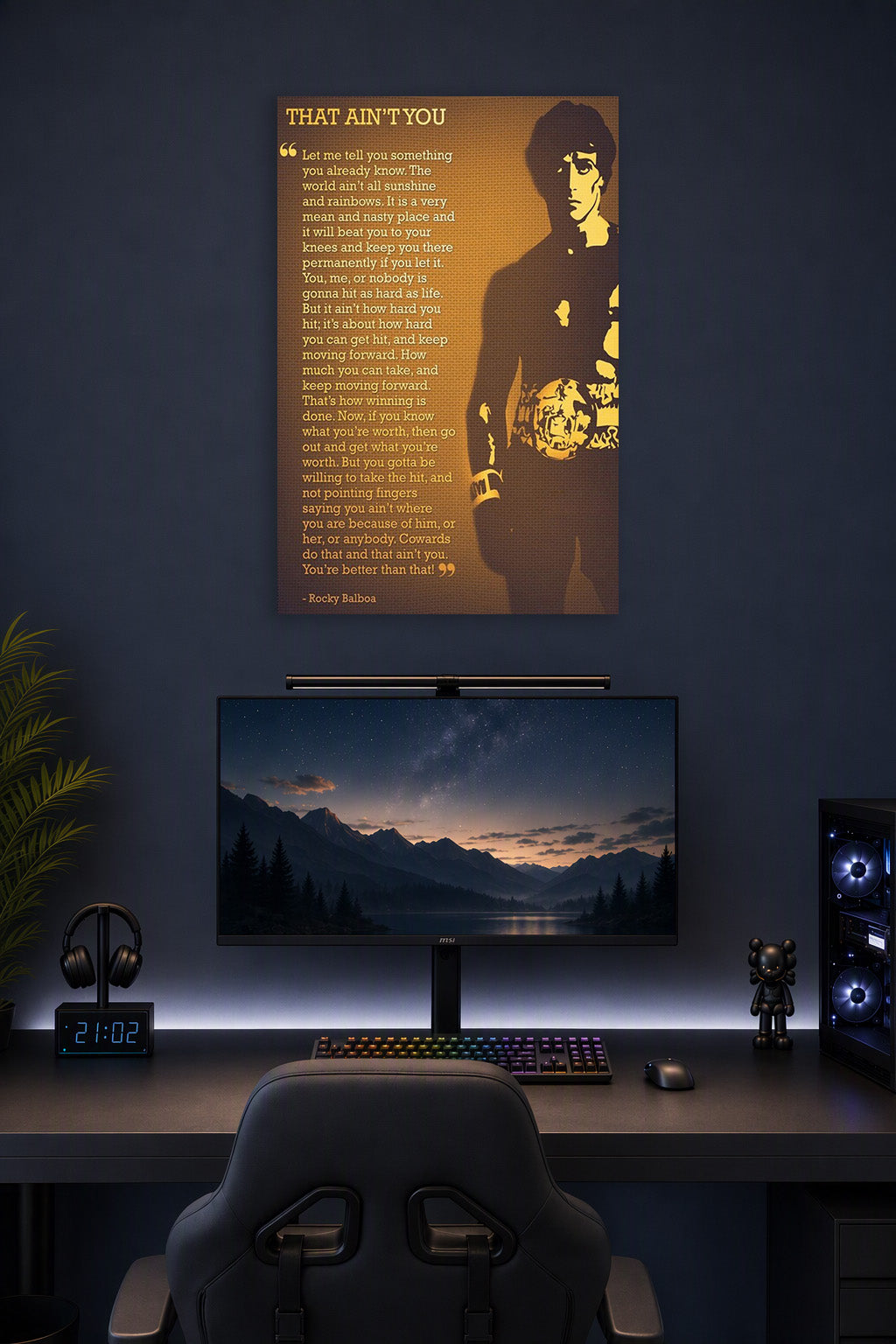Rocky Balboa in a gaming desk setup above a monitor.