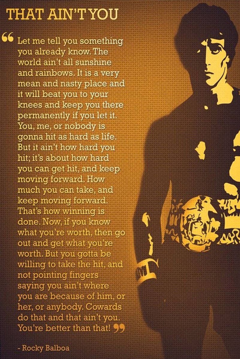 Rocky Balboa wall art print with a dark boxer silhouette, championship belt, and motivational quote in gold on brown.