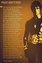 Rocky Balboa wall art print with a dark boxer silhouette, championship belt, and motivational quote in gold on brown.