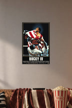 Rocky Balboa in a cozy movie room above a brown sofa with popcorn.