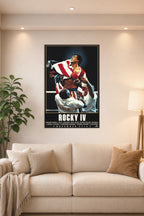 Rocky Balboa in a bright living room above a beige sofa.