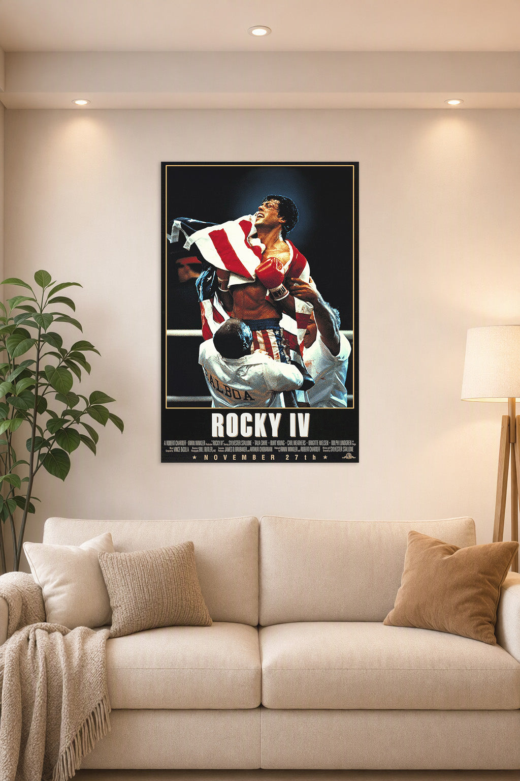 Rocky Balboa in a bright living room above a beige sofa.