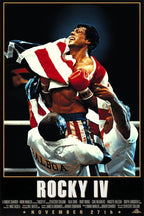 Rocky IV poster features Rocky Balboa in red gloves and star-spangled trunks, lifted by trainers beneath an American flag.