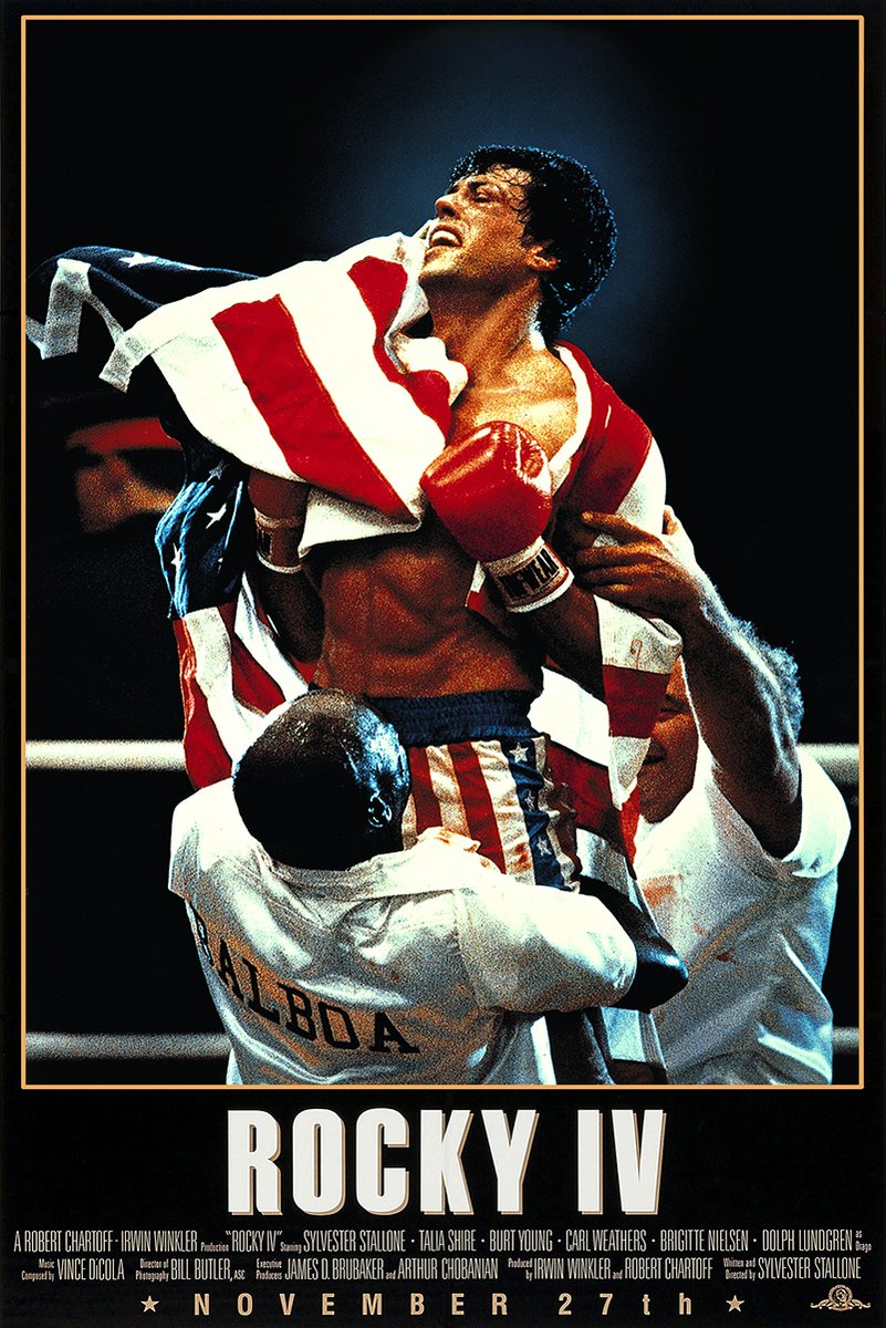 Rocky IV poster features Rocky Balboa in red gloves and star-spangled trunks, lifted by trainers beneath an American flag.