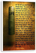 Rocky Balboa motivational canvas wall art print featuring a green CHARGING LIFE punching bag, bold quote text, and white wrapped edges.