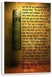 Rocky Balboa motivational canvas wall art print featuring a green CHARGING LIFE punching bag, bold quote text, and white wrapped edges.