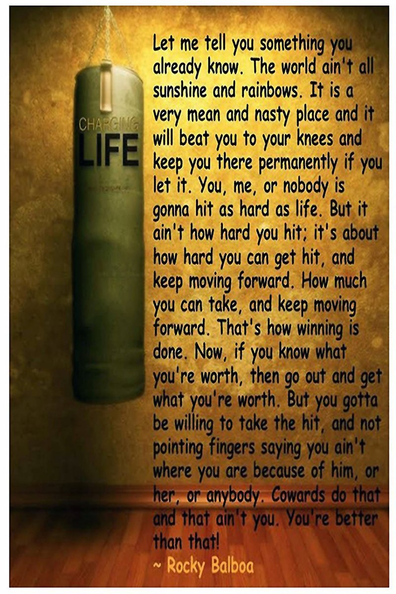 Rocky Balboa motivational wall art print with a hanging CHARGING LIFE punching bag and resilience quote on a warm brown background.