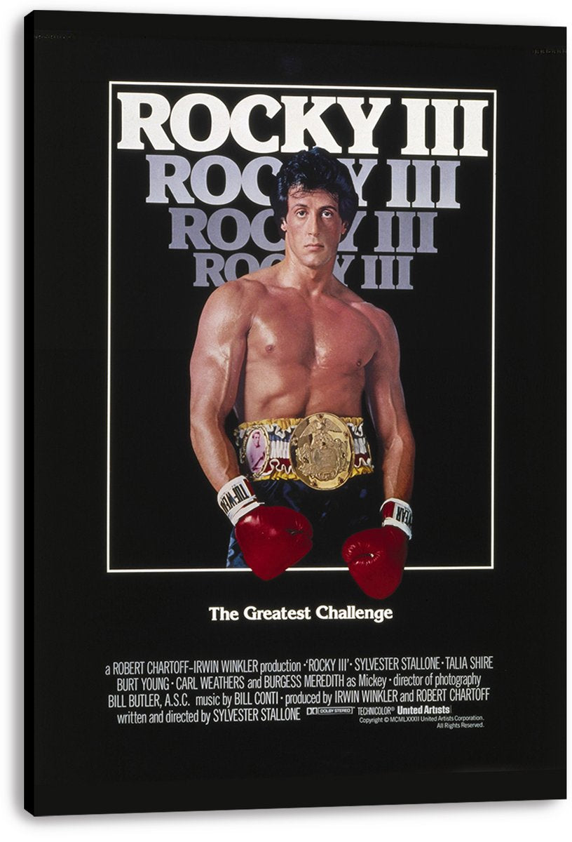 Rocky III canvas wall art print displayed at an angle, featuring Rocky Balboa with red gloves, championship belt, and black background.