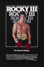 Rocky III poster with Rocky Balboa in red boxing gloves and a gold championship belt against repeated white title text.