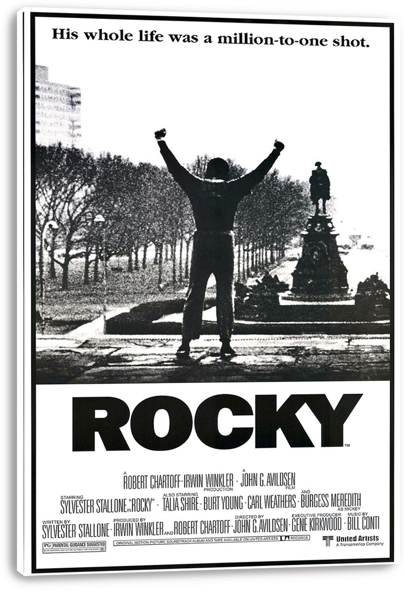 Rocky canvas wall art print with wrapped edges, featuring the black-and-white victory silhouette, tree-lined scene, and large ROCKY lettering.