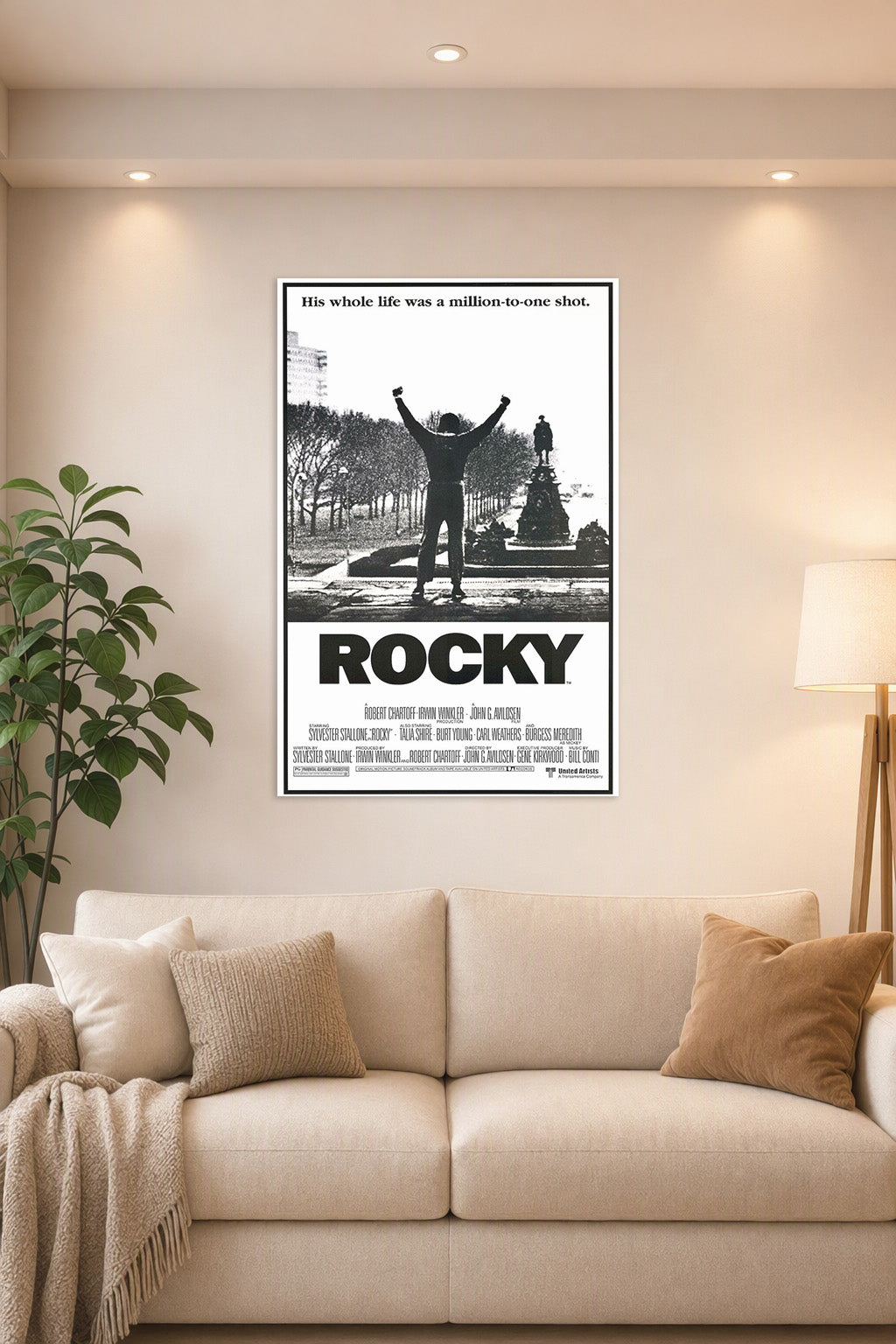 Rocky Balboa Triumphant in a bright living room above a beige sofa.