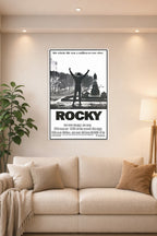 Rocky Balboa Triumphant in a bright living room above a beige sofa.