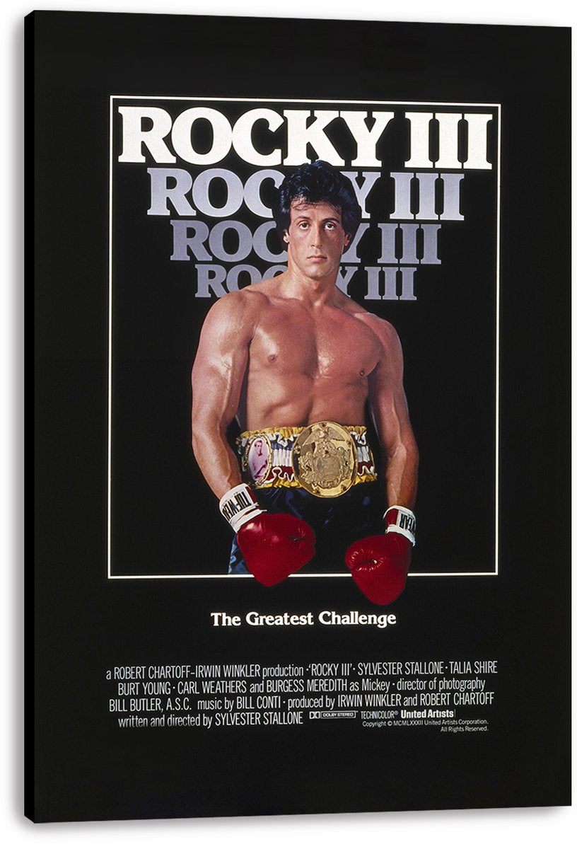 Rocky III canvas wall art print displays Rocky Balboa in boxing gloves and championship belt beneath repeated white title text.