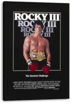 Rocky III canvas wall art print displays Rocky Balboa in boxing gloves and championship belt beneath repeated white title text.