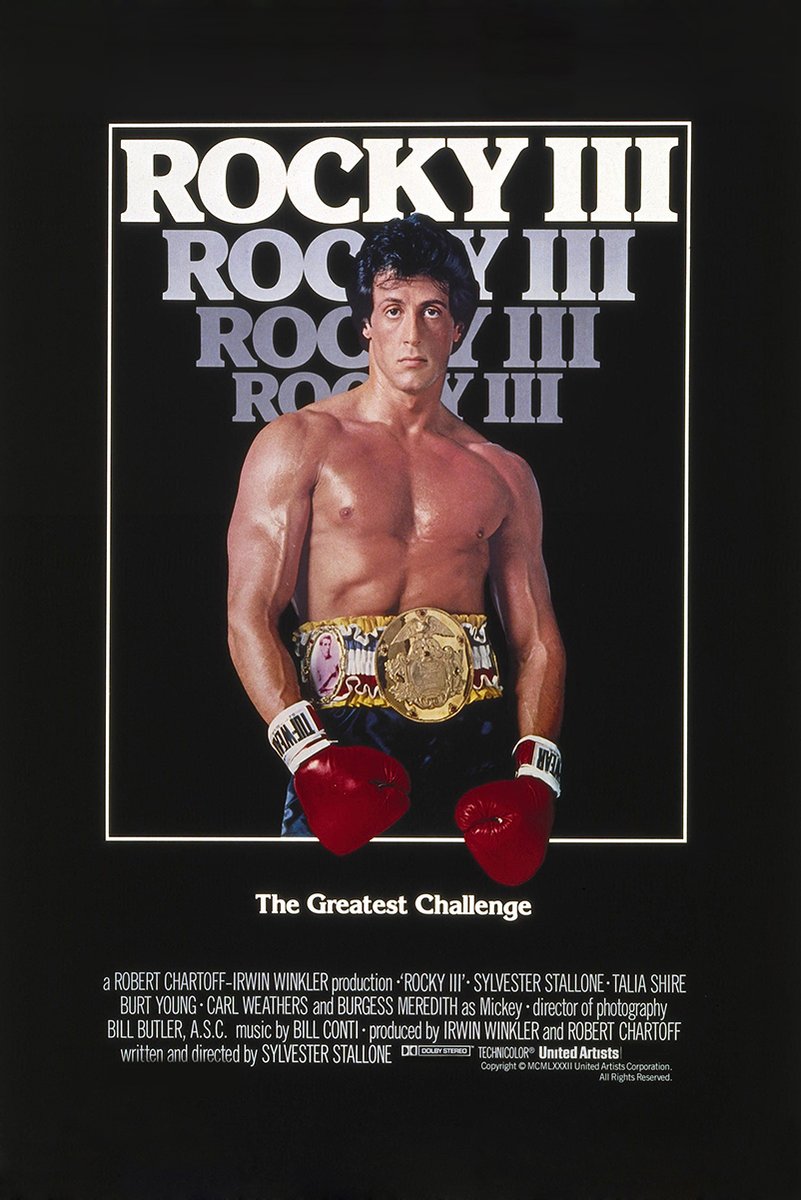 Rocky III poster features Sylvester Stallone as Rocky Balboa in red gloves and a gold championship belt on black.