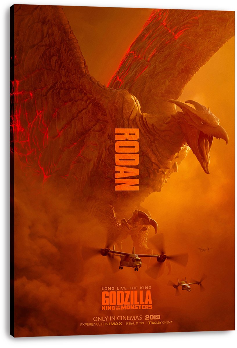 Rodan canvas wall art print displays the roaring winged monster towering over tilt-rotor aircraft amid glowing orange smoke.