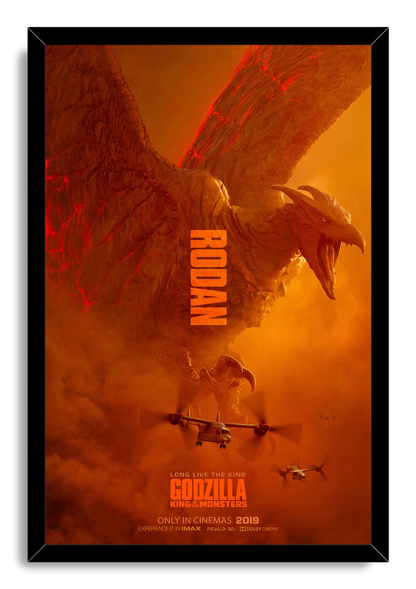 Rodan framed wall art print presents the fiery winged kaiju above small aircraft, set against an orange smoky backdrop.