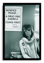 Framed Keith Richards wall art print with a black border, depicting the musician seated under a drug-free America notice.