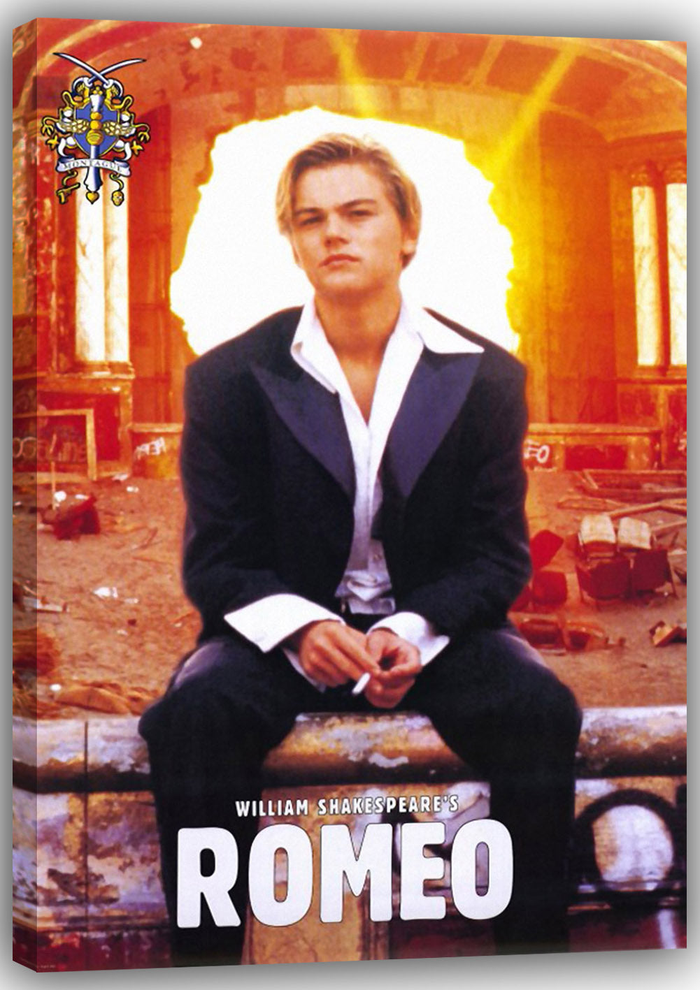 Romeo canvas wall art print depicts a young man in a dark suit seated before a blazing orange ruined interior.