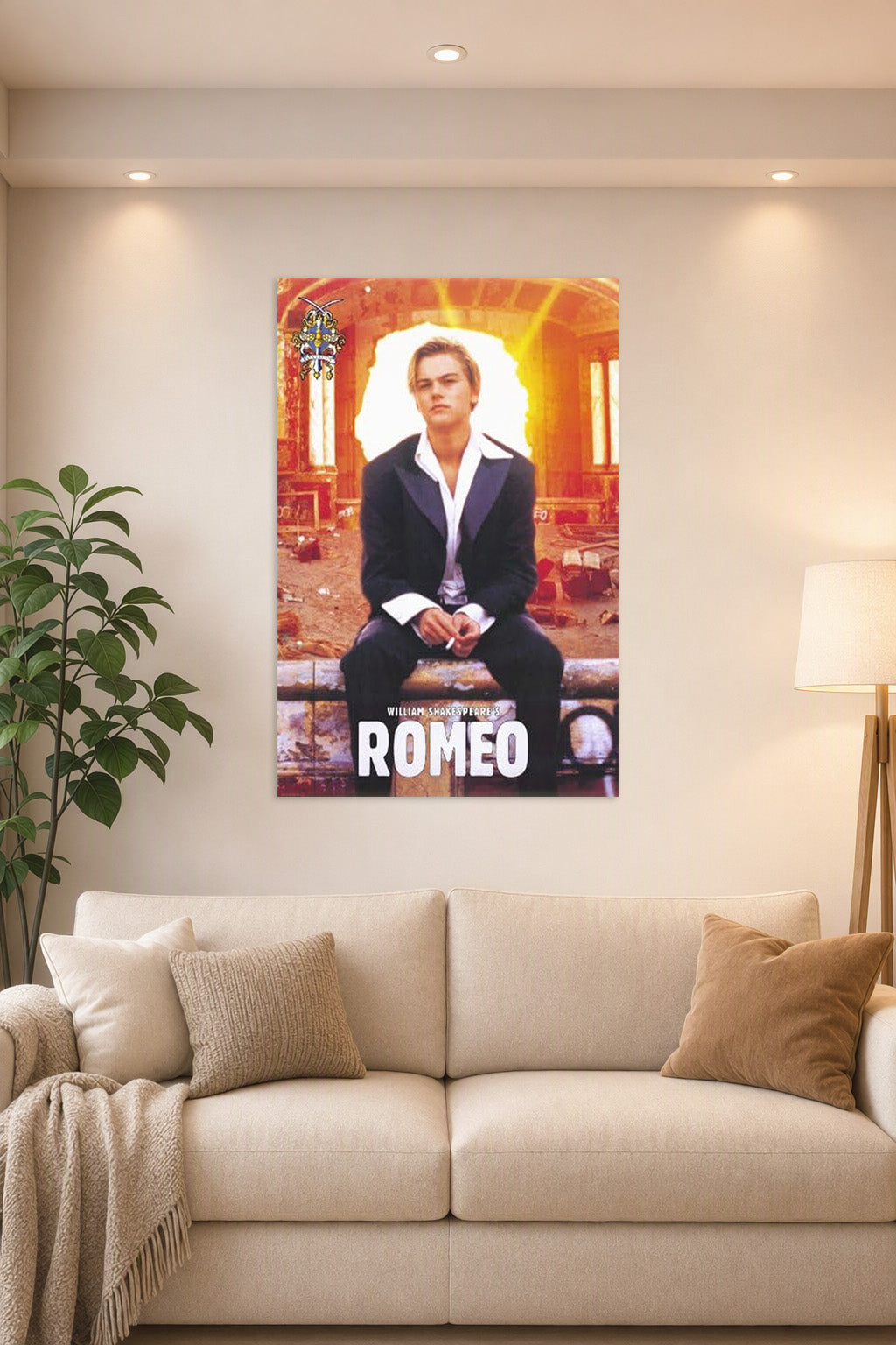 Romeo & Juliet Movies in a bright living room above a beige sofa.