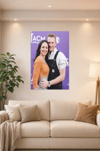 Rory and Joey Feek in a bright living room above a beige sofa.