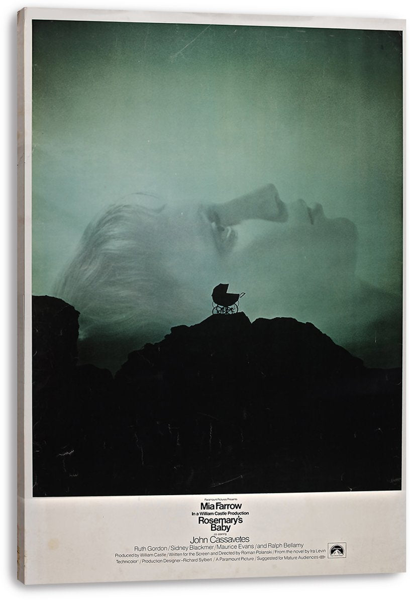 Rosemary's Baby wall art print on a visible stretched canvas displays a ghostly face, pram silhouette, dark cliffs, and white credits.