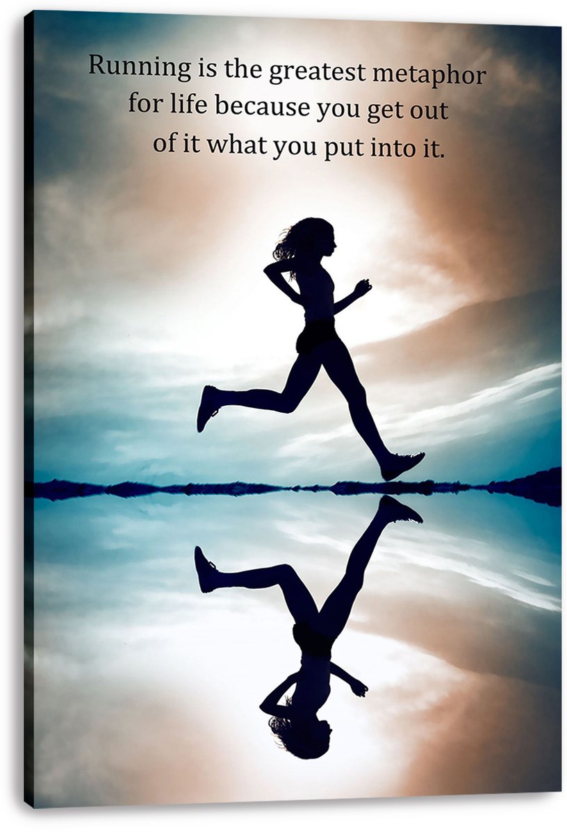 Running motivational canvas print featuring a runner silhouette mid-stride, water reflection, and an inspiring life metaphor quote.