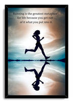 Running motivational framed wall art print with a black frame, silhouetted runner, mirrored reflection, and clouded sky.